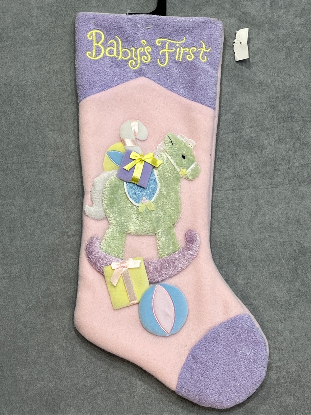 Baby’s First Christmas Stocking Pastel Rocking Horse Pink Purple 20” Vintage